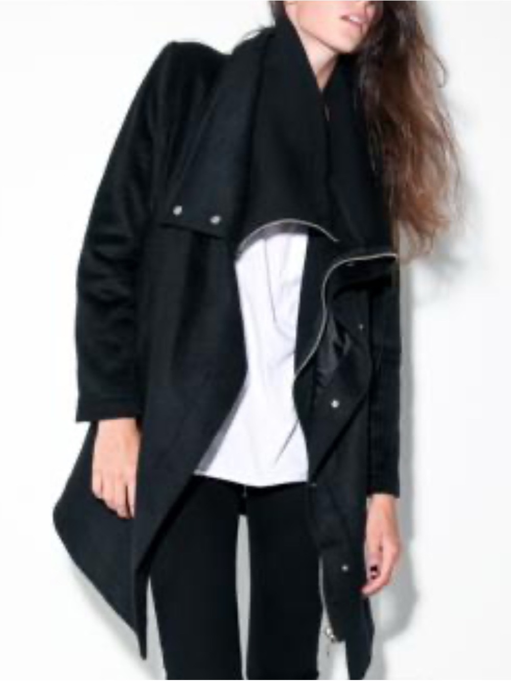 Black OAK NYC double layer wool blend coat pockets, zipper/snap buttons